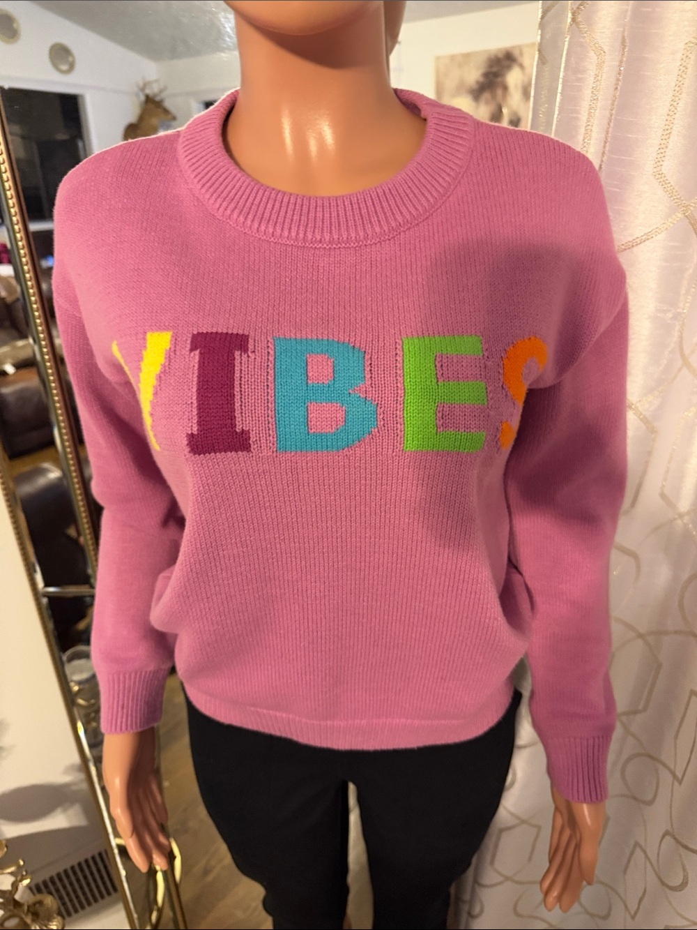 English Factory Pink 'VIBES' Crewneck Sweater with Multicolor Letters